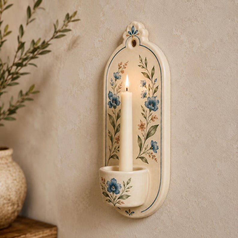Keramik-Wandkerzenhalter mit blauen Blumen, für Stabkerze und Teelicht, handgefertigt