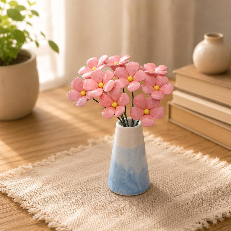 Vergissmeinnicht Keramikblumen, Blauer Blumenstrauß, Handgefertigter Blumendekor