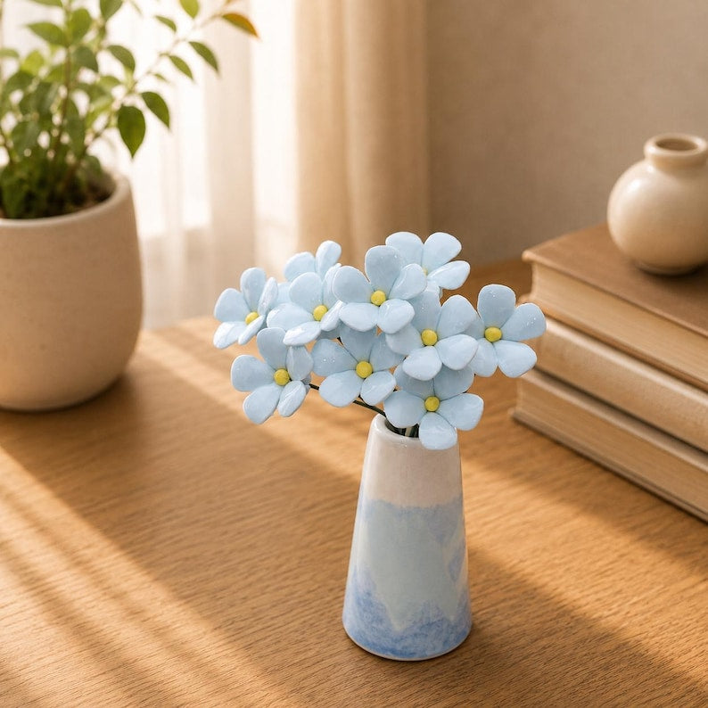 Vergissmeinnicht Keramikblumen, Blauer Blumenstrauß, Handgefertigter Blumendekor