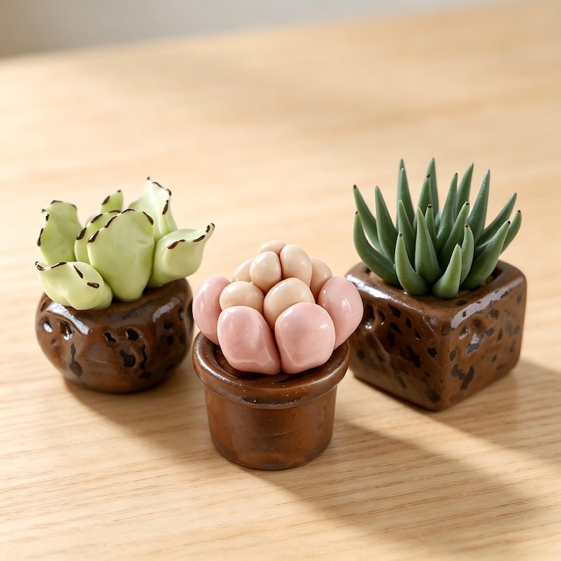 Keramik Sukkulenten Set, Mini Kaktus Schreibtisch Dekor, handgefertigte Pflanzen Ornamente, 3 Stück