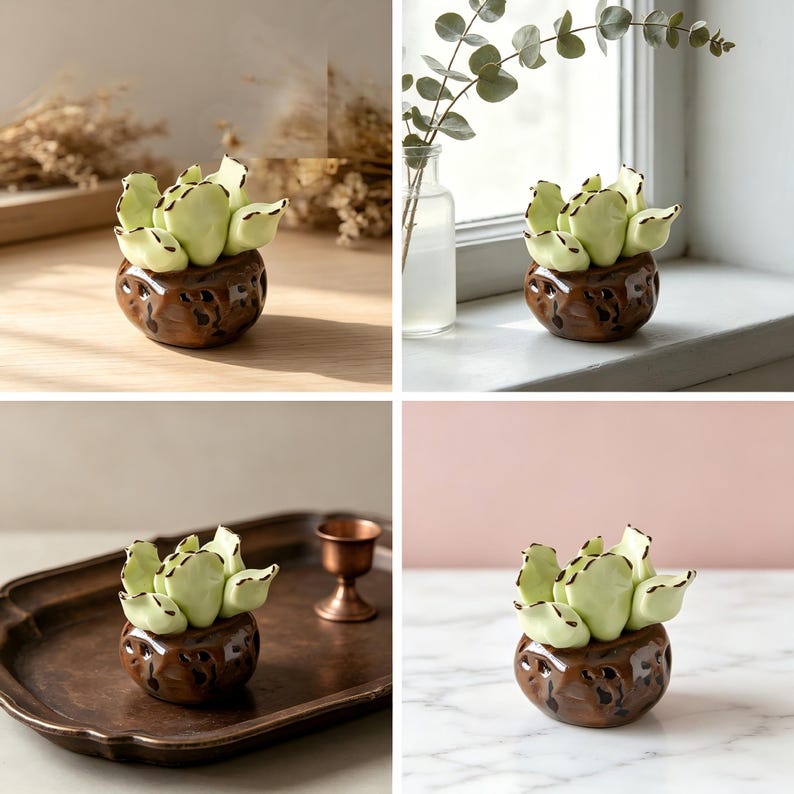 Keramik Sukkulenten Set, Mini Kaktus Schreibtisch Dekor, handgefertigte Pflanzen Ornamente, 3 Stück