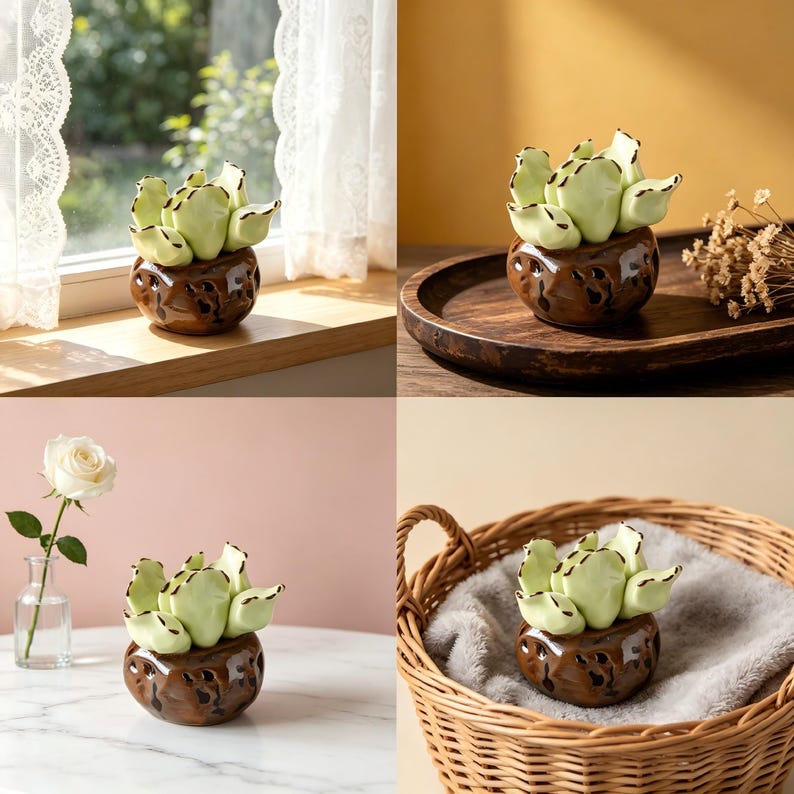 Keramik Sukkulenten Set, Mini Kaktus Schreibtisch Dekor, handgefertigte Pflanzen Ornamente, 3 Stück