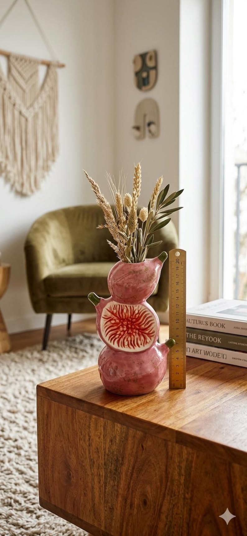Keramikvase mit Feigenmotiv, ästhetische Obstvase für Blumen, maximalistische Feigenfigur als Wohnaccessoire