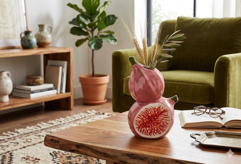 Keramikvase mit Feigenmotiv, ästhetische Obstvase für Blumen, maximalistische Feigenfigur als Wohnaccessoire