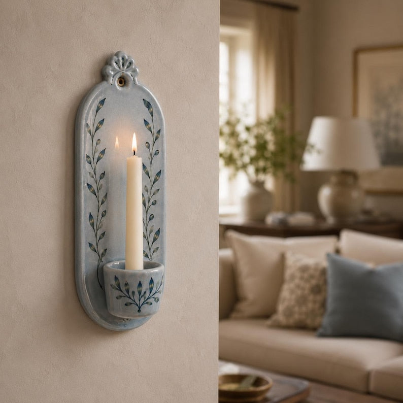 Keramik Wandkerzenhalter Handgemacht Stabkerzenhalter Powder Blue Botanisch