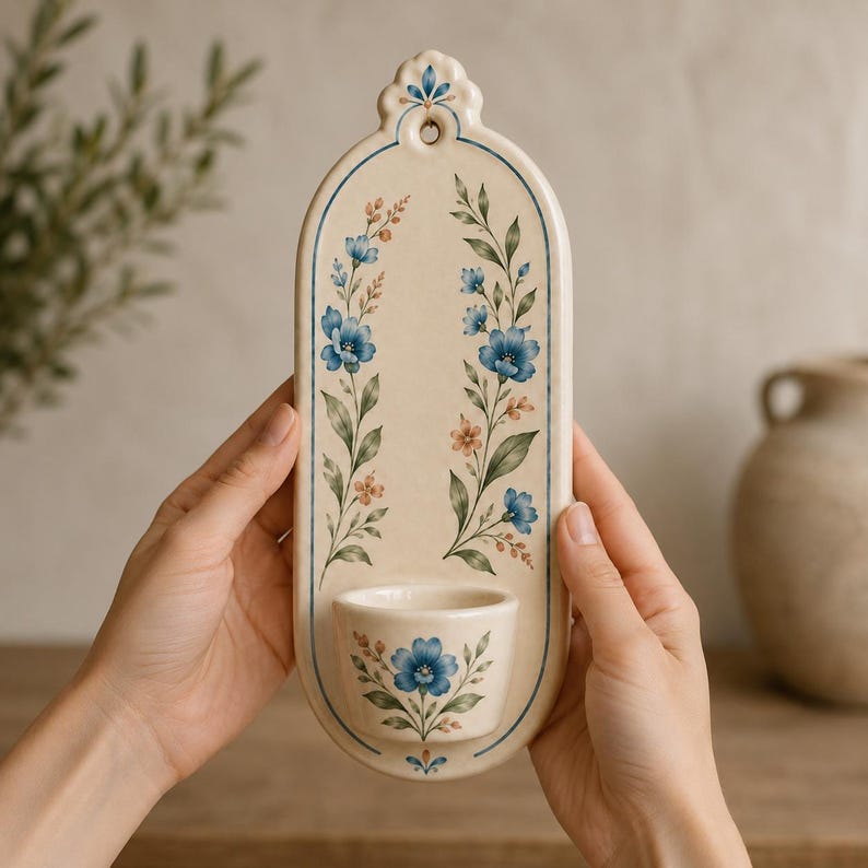 Keramik-Wandkerzenhalter mit blauen Blumen, für Stabkerze und Teelicht, handgefertigt