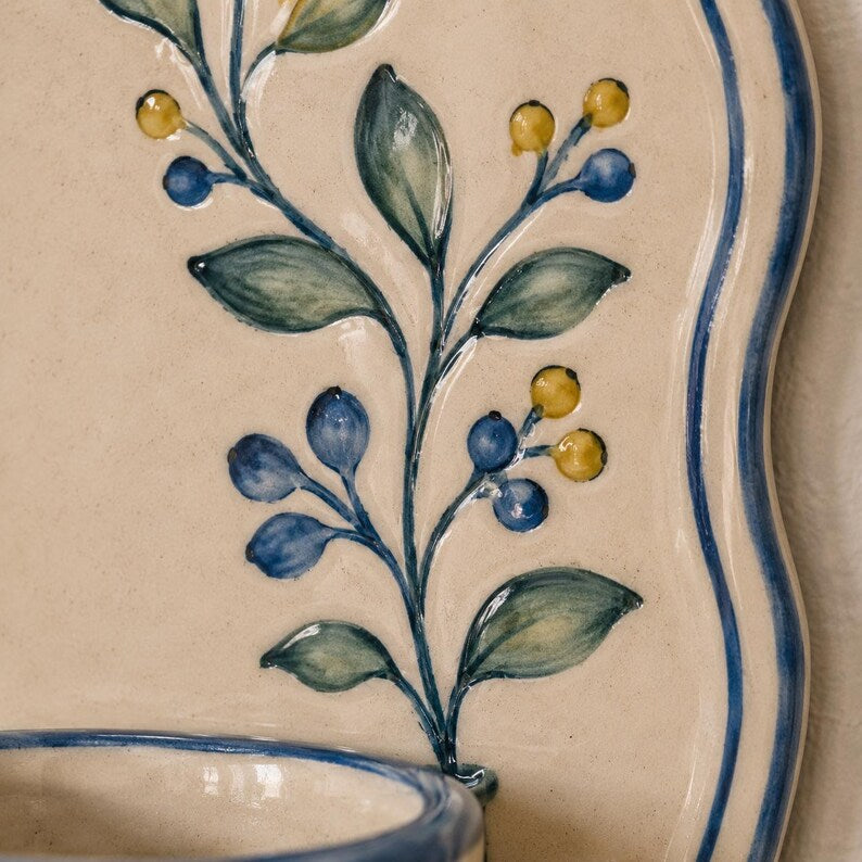 Keramik Wandkerzenhalter Stabkerzenhalter Blau Blumendeko Handgefertigt Elfenbein