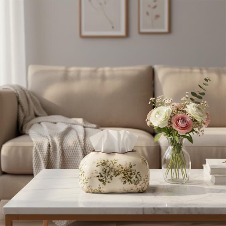 Keramikbezug für Taschentücherbox - Handbemalter Blumen-Tücherhalter - Quadratische Porzellanbox für Wohnzimmerdekor