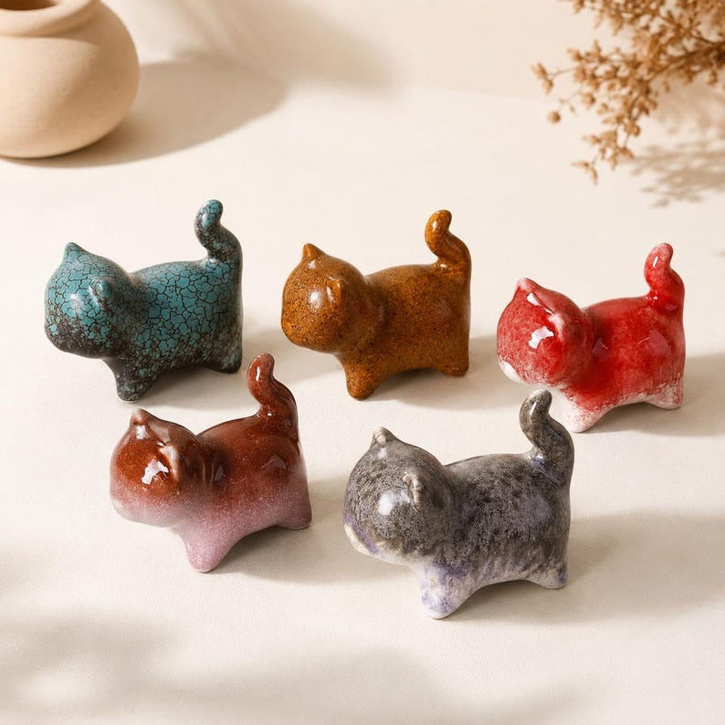 Keramik Katzenfigur Dekorset, Schreibtisch Regal Akzent Verzierung, handgemacht, 6,5 cm, für Katzenliebhaber