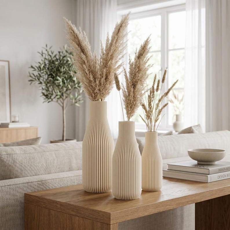 Schlanke Flaschenvase mit feinen vertikalen Rillen, Mattes Finish, 3D-Druck, Höhen 11-25 cm, Trockenblumen
