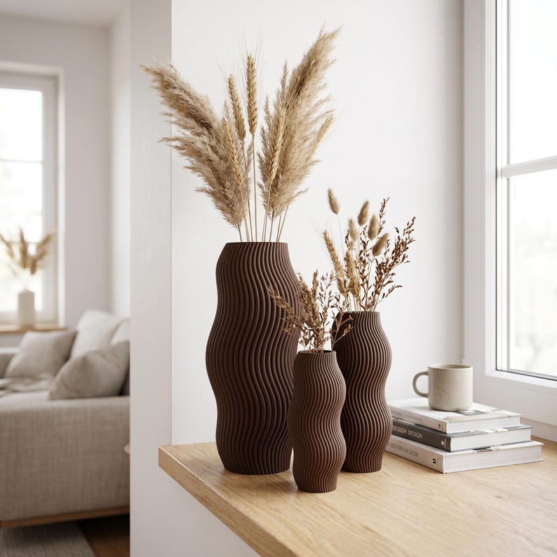 Moderne Vase mit welliger Rillenstruktur - Organische Deko Vase für Trockenblumen - 3D Druck - Höhen 11-25 cm