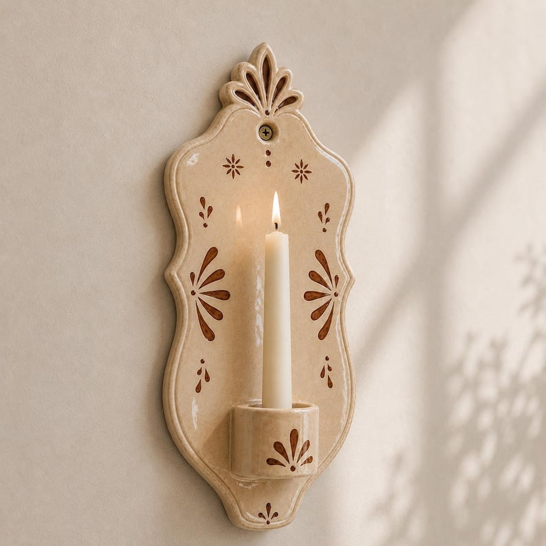 Keramik Wand Kerzenhalter Beige, Handgefertigt, Mediterran, Boho Wanddekoration