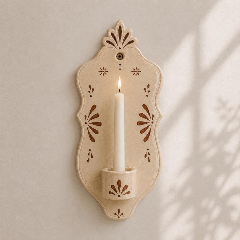 Keramik Wand Kerzenhalter Beige, Handgefertigt, Mediterran, Boho Wanddekoration