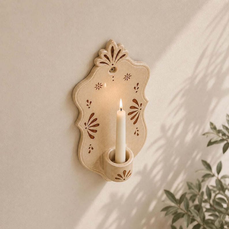 Keramik Wand Kerzenhalter Beige, Handgefertigt, Mediterran, Boho Wanddekoration