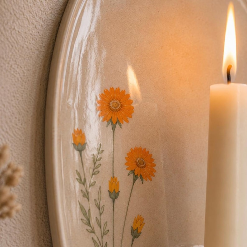 Keramik-Wandkerzenhalter handbemalt Wildblumen Wandleuchte Spitzkerzen Landhausstil