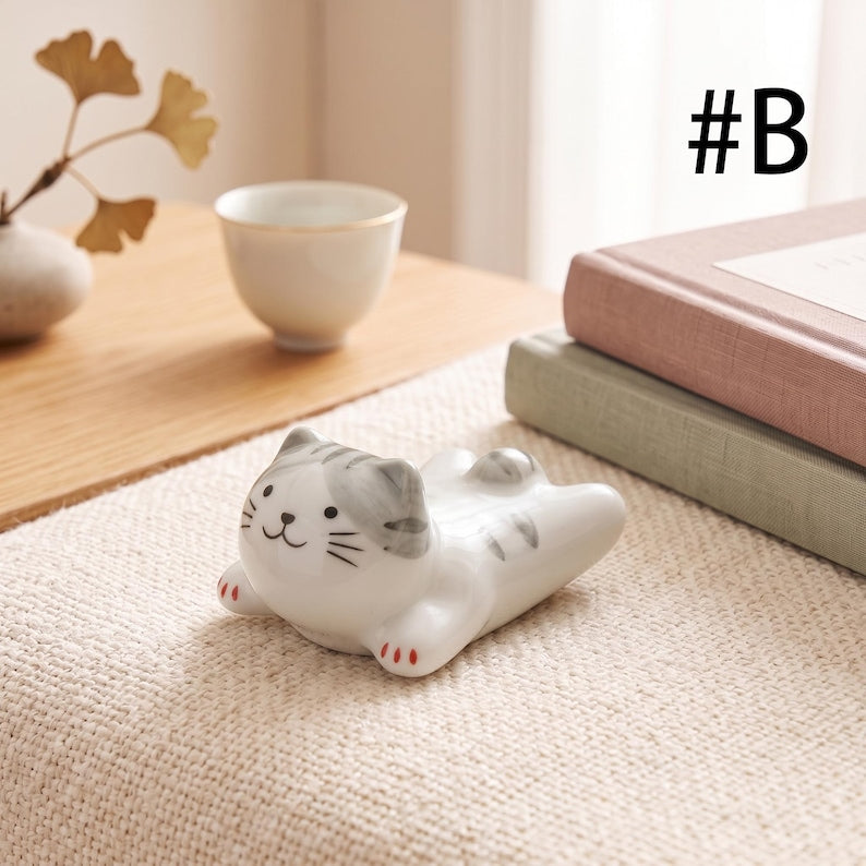Keramik Katzen-Essstäbchenablage, 5,1 cm, handbemalt, Tischdekoration, Mini-Katzenfigur