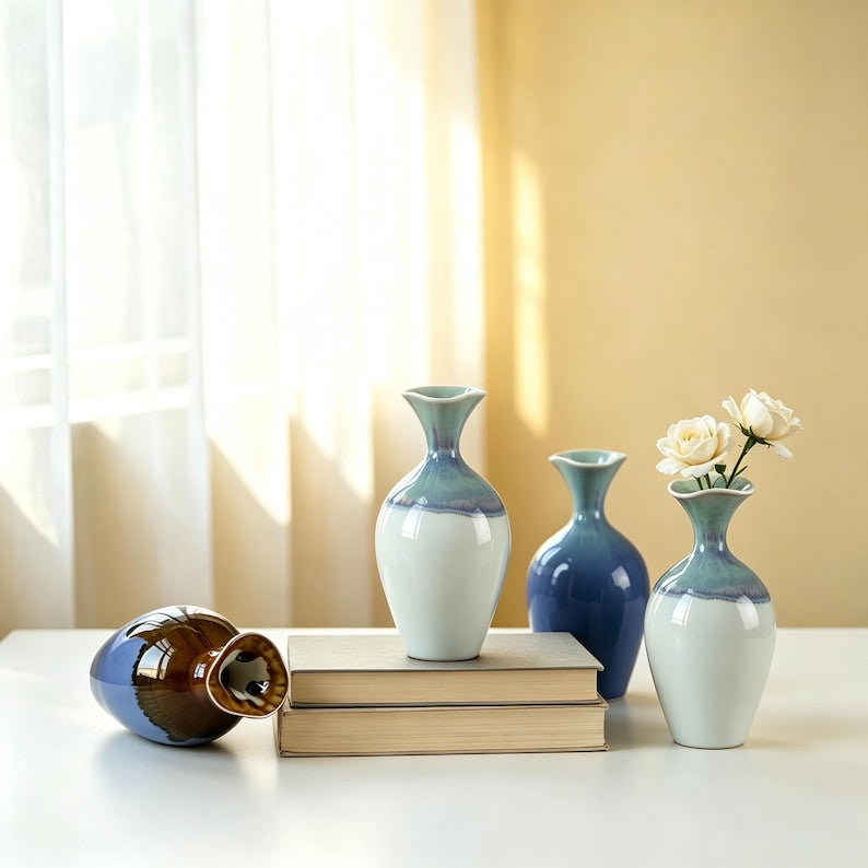 Handgefertigte Mini-Keramikvase, kleine Blumenvase, glasierte Keramik, 15,5 cm