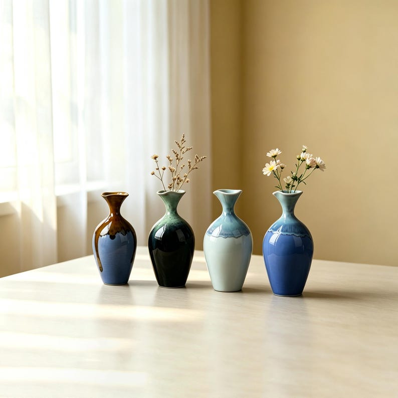 Handgefertigte Mini-Keramikvase, kleine Blumenvase, glasierte Keramik, 15,5 cm