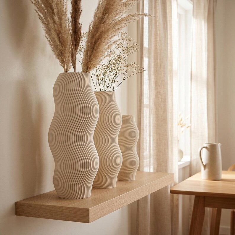 Moderne Vase mit welliger Rillenstruktur - Organische Deko Vase für Trockenblumen - 3D Druck - Höhen 11-25 cm