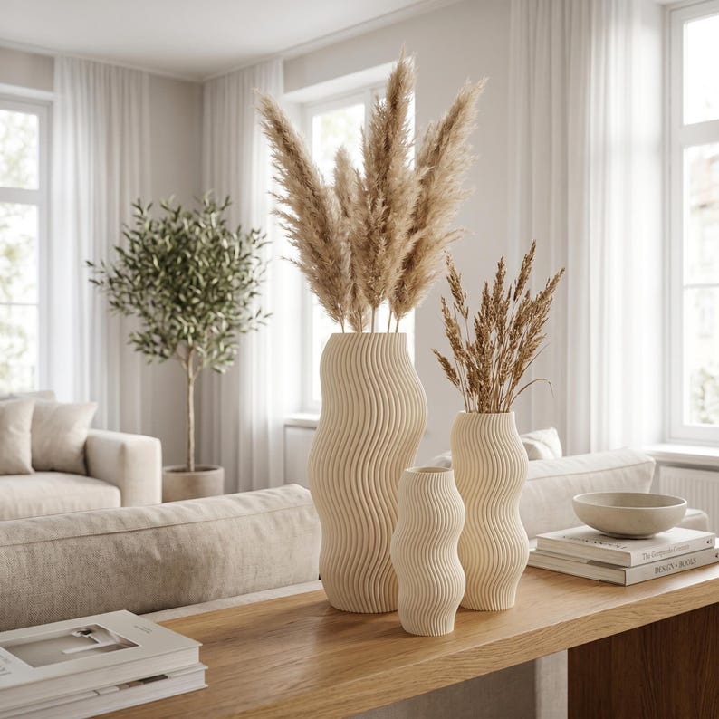 Moderne Vase mit welliger Rillenstruktur - Organische Deko Vase für Trockenblumen - 3D Druck - Höhen 11-25 cm