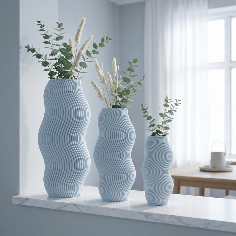 Moderne Vase mit welliger Rillenstruktur - Organische Deko Vase für Trockenblumen - 3D Druck - Höhen 11-25 cm