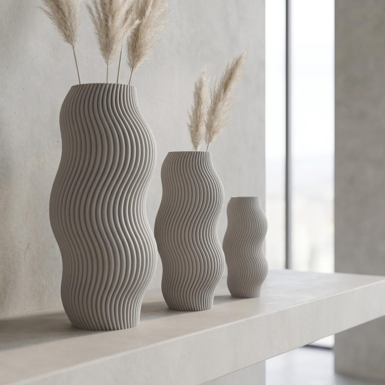 Moderne Vase mit welliger Rillenstruktur - Organische Deko Vase für Trockenblumen - 3D Druck - Höhen 11-25 cm