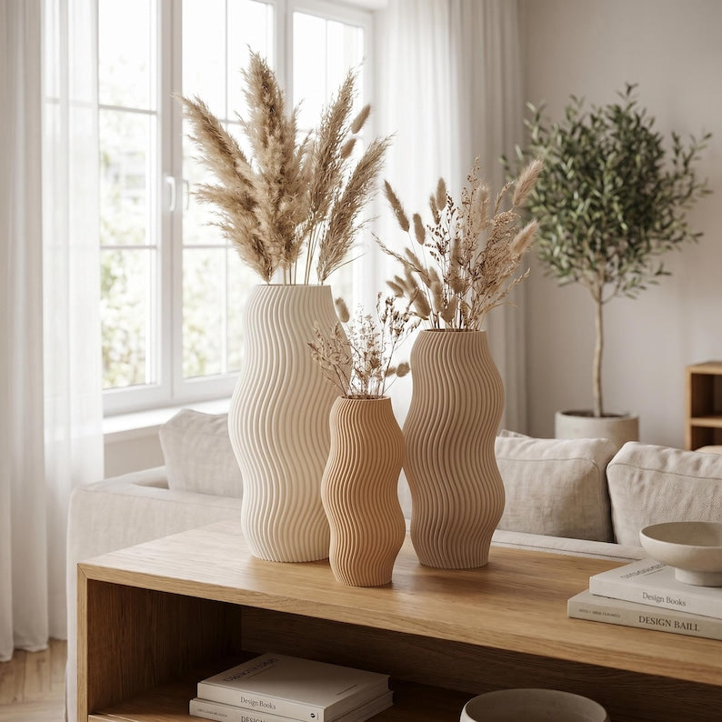 Moderne Vase mit welliger Rillenstruktur - Organische Deko Vase für Trockenblumen - 3D Druck - Höhen 11-25 cm