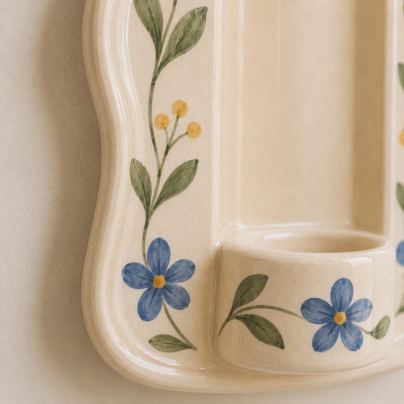 Keramischer Wandkerzenhalter Handbemalt Blumen Blau Elfenbein Stabkerzenhalter Wanddekoration Vintage Cottagecore Landhaus 8 Zoll
