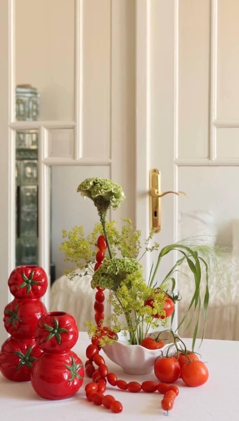 Tomatenförmige Keramikvase | Rote glasierte Blumenvase für Küche & Tisch