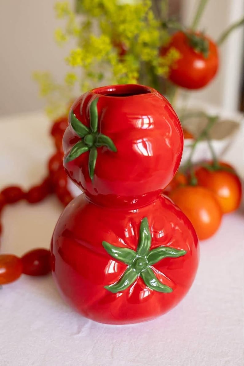 Tomatenförmige Keramikvase | Rote glasierte Blumenvase für Küche & Tisch