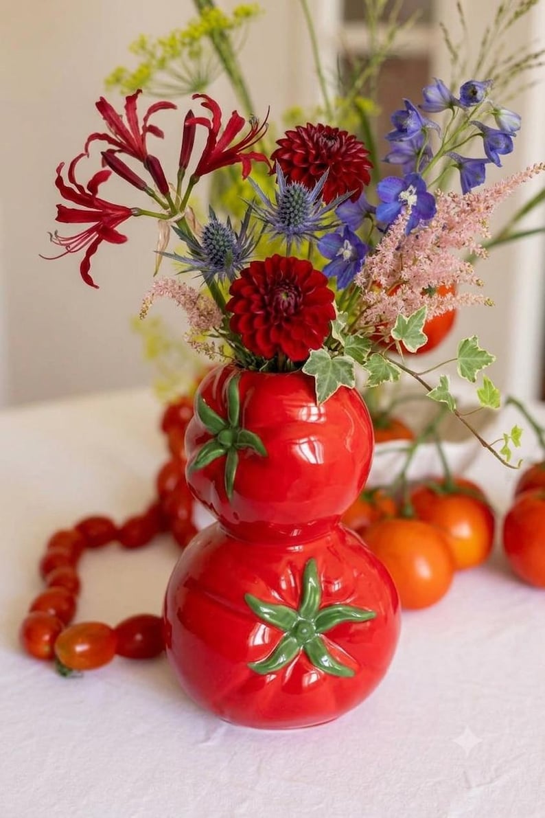 Tomatenförmige Keramikvase | Rote glasierte Blumenvase für Küche & Tisch