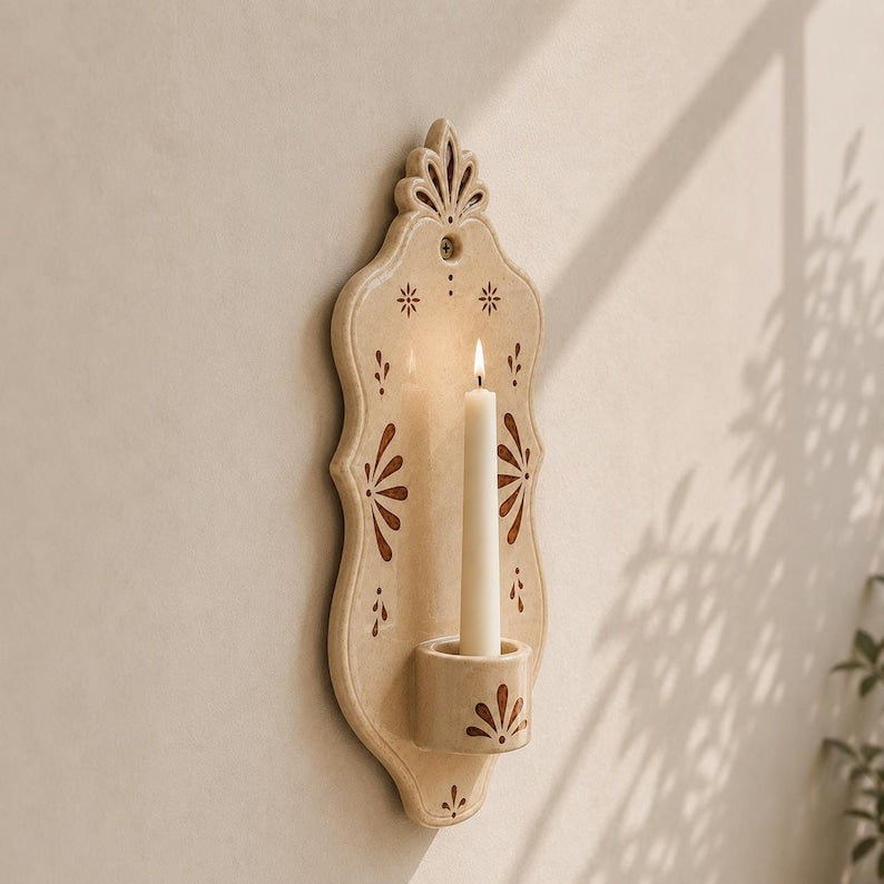 Keramik Wand Kerzenhalter Beige, Handgefertigt, Mediterran, Boho Wanddekoration