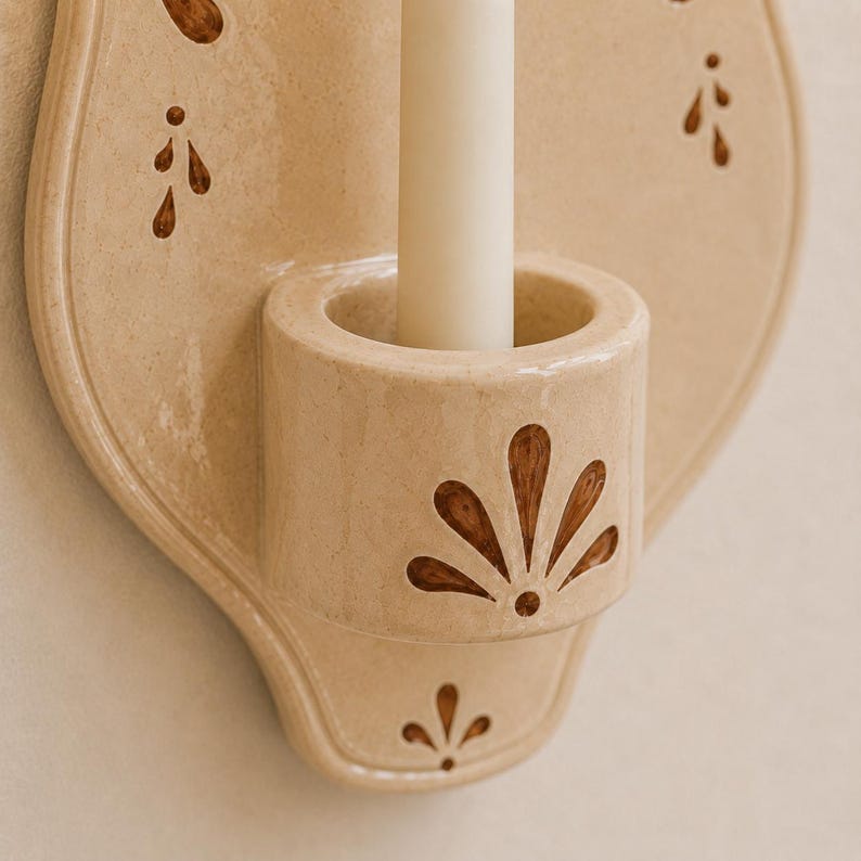Keramik Wand Kerzenhalter Beige, Handgefertigt, Mediterran, Boho Wanddekoration