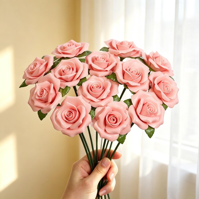 Keramik-Rosenblüte mit Stiel, Porzellanrose, Hochzeitsdekoration, Wohnaccessoire