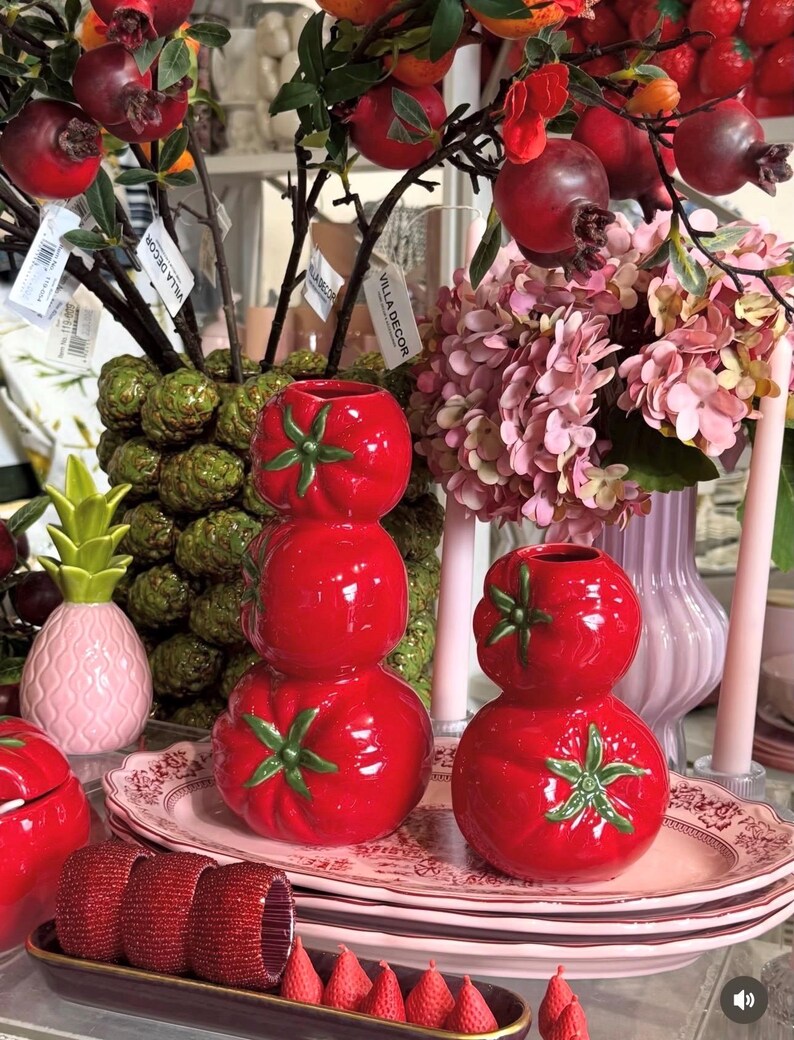 Tomatenförmige Keramikvase | Rote glasierte Blumenvase für Küche & Tisch