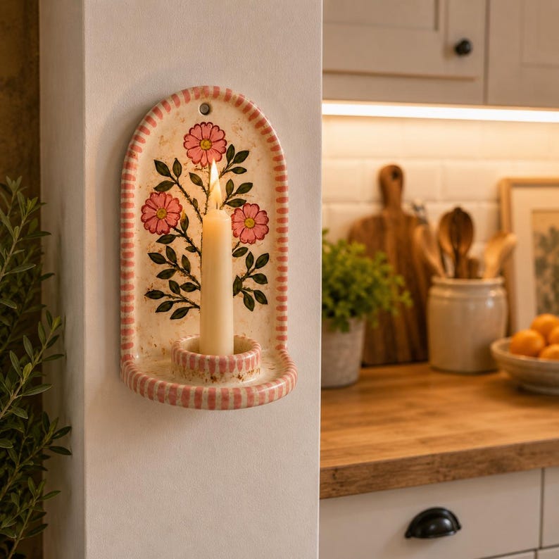 Handgefertigter Keramik Wandkerzenhalter mit floralem Design für Stabkerzen, Set mit 2 Sojawachs Kerzen