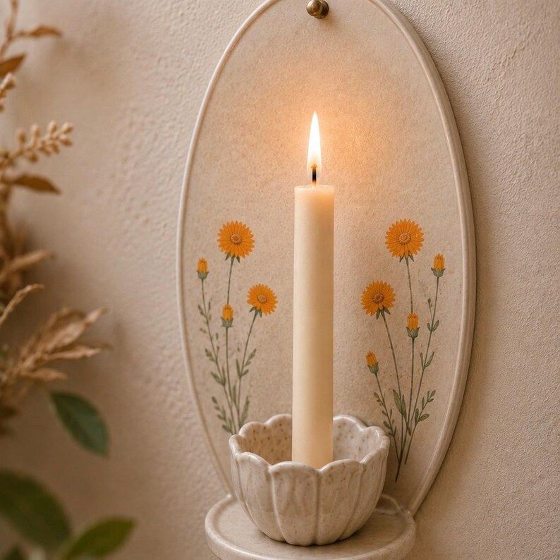 Keramik-Wandkerzenhalter handbemalt Wildblumen Wandleuchte Spitzkerzen Landhausstil