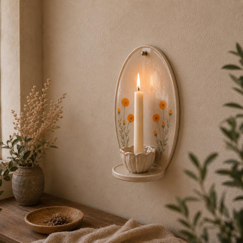 Keramik-Wandkerzenhalter handbemalt Wildblumen Wandleuchte Spitzkerzen Landhausstil