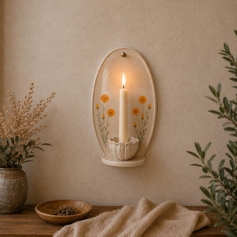 Keramik-Wandkerzenhalter handbemalt Wildblumen Wandleuchte Spitzkerzen Landhausstil