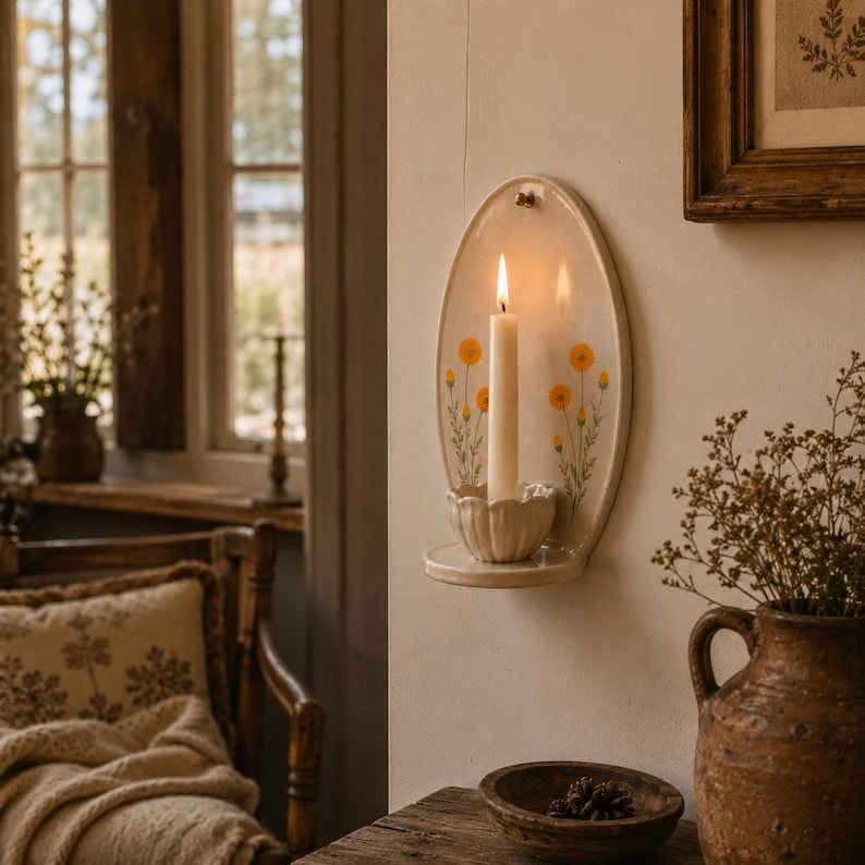 Keramik-Wandkerzenhalter handbemalt Wildblumen Wandleuchte Spitzkerzen Landhausstil