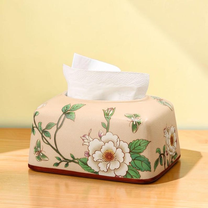 Keramik-Taschentuchbox-Hülle mit Blumenmuster, glänzend, rechteckig, 19x14x11 cm