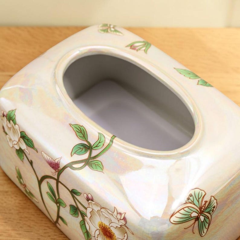 Keramik-Taschentuchbox-Hülle mit Blumenmuster, glänzend, rechteckig, 19x14x11 cm