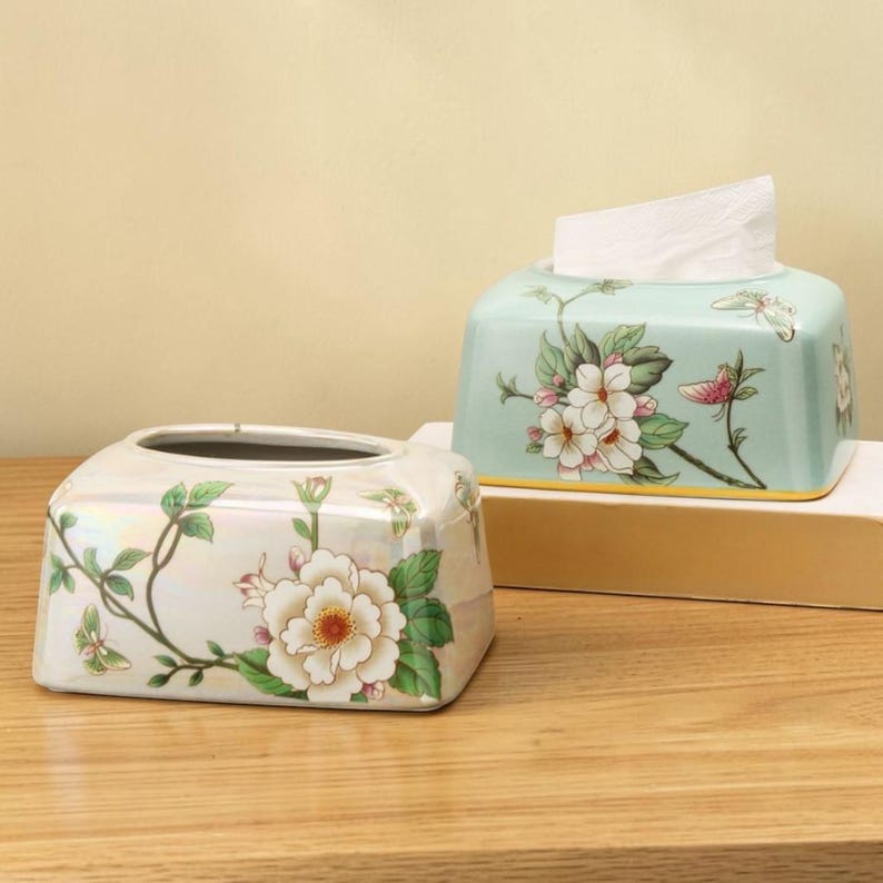 Keramik-Taschentuchbox-Hülle mit Blumenmuster, glänzend, rechteckig, 19x14x11 cm