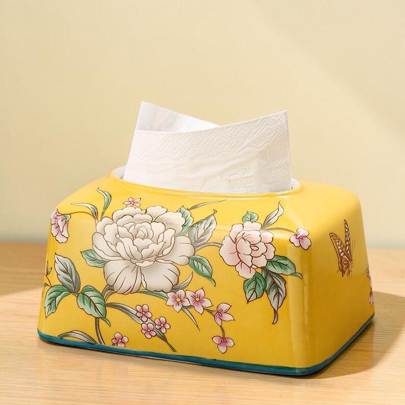 Keramik-Taschentuchbox-Hülle mit Blumenmuster, glänzend, rechteckig, 19x14x11 cm