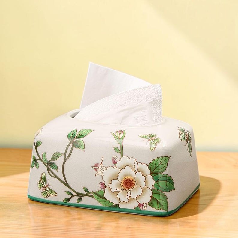 Keramik-Taschentuchbox-Hülle mit Blumenmuster, glänzend, rechteckig, 19x14x11 cm