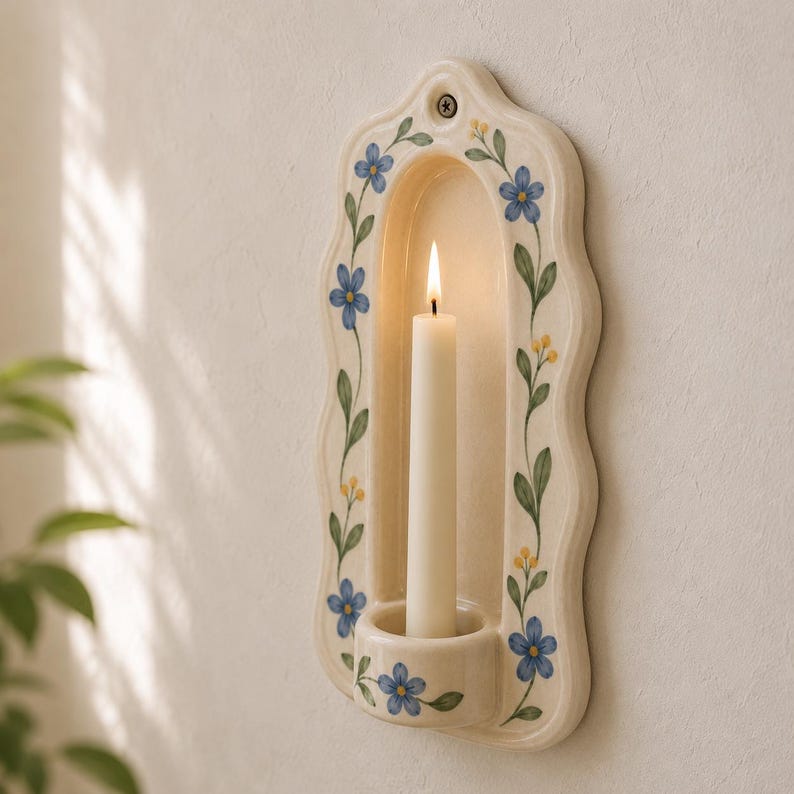 Keramischer Wandkerzenhalter Handbemalt Blumen Blau Elfenbein Stabkerzenhalter Wanddekoration Vintage Cottagecore Landhaus 8 Zoll