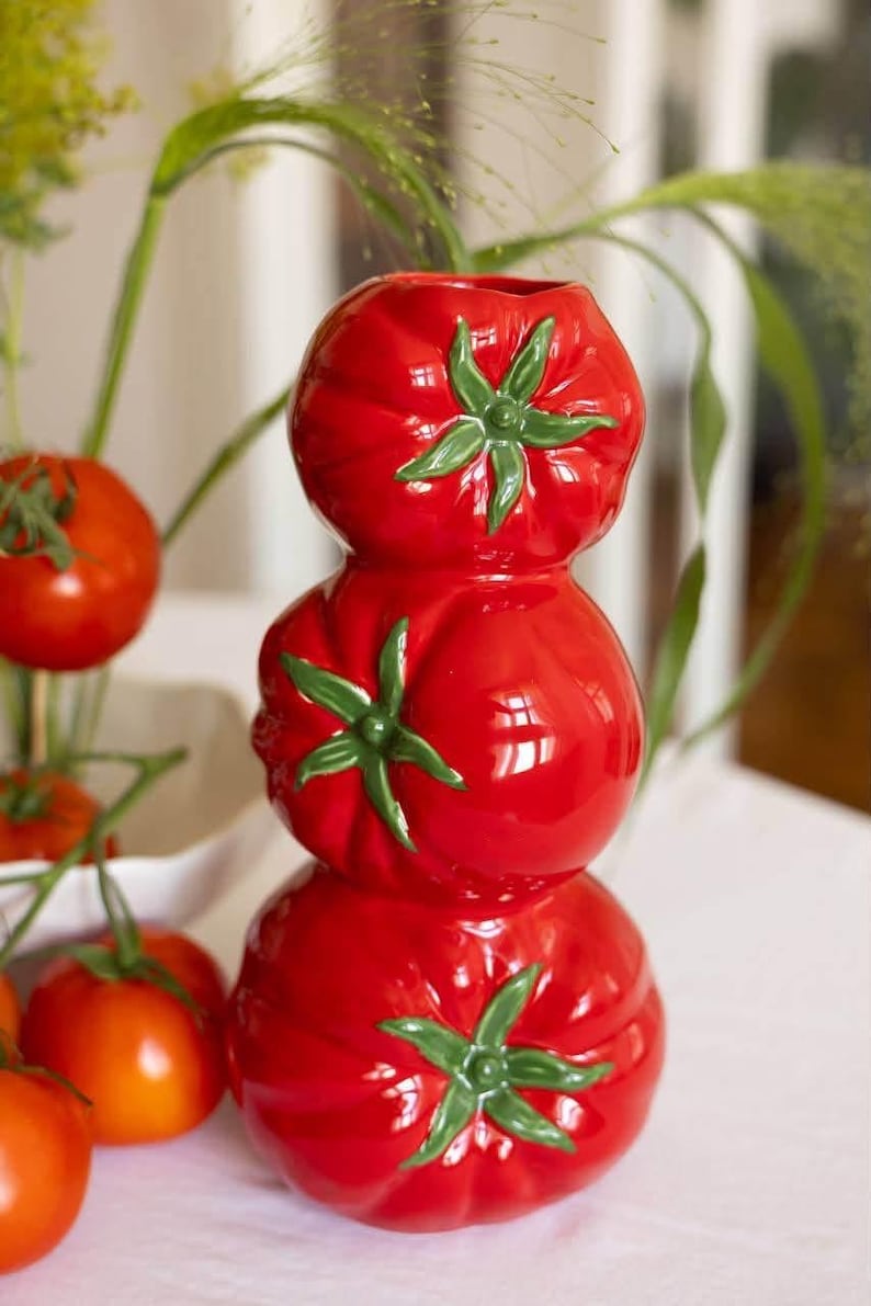 Tomatenförmige Keramikvase | Rote glasierte Blumenvase für Küche & Tisch