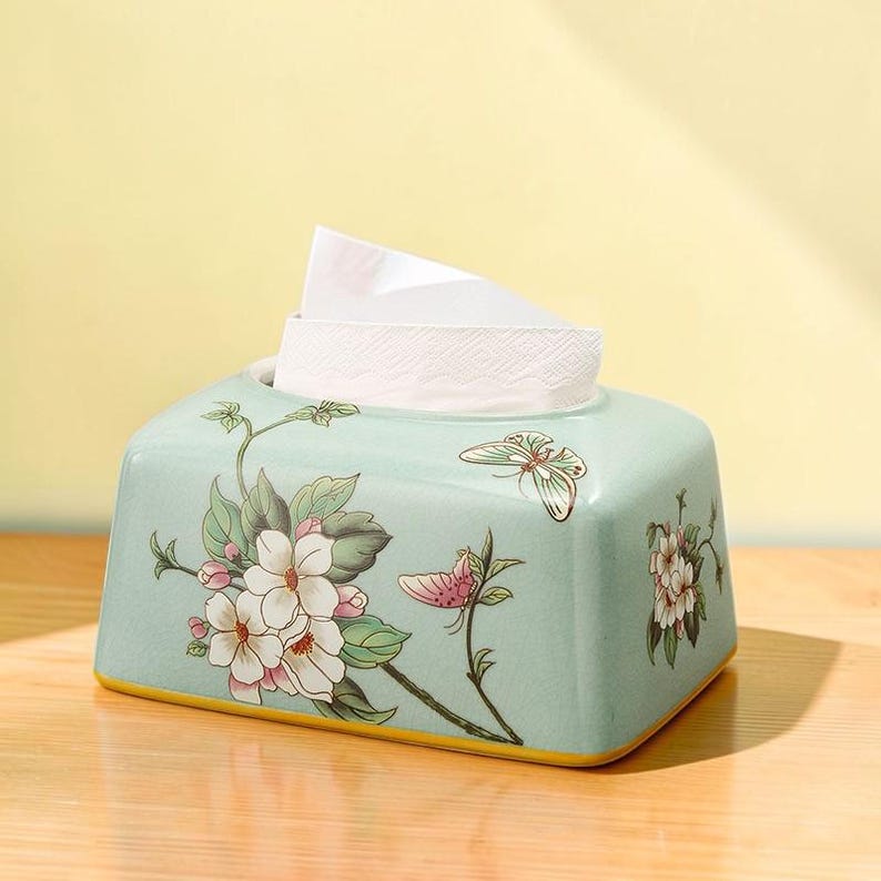 Keramik-Taschentuchbox-Hülle mit Blumenmuster, glänzend, rechteckig, 19x14x11 cm