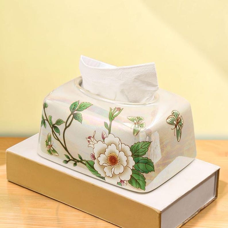 Keramik-Taschentuchbox-Hülle mit Blumenmuster, glänzend, rechteckig, 19x14x11 cm